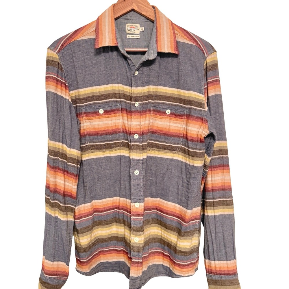 Faherty Mens Shirt XS Blue Orange Striped Organic Cotton Flannel Surf Beach